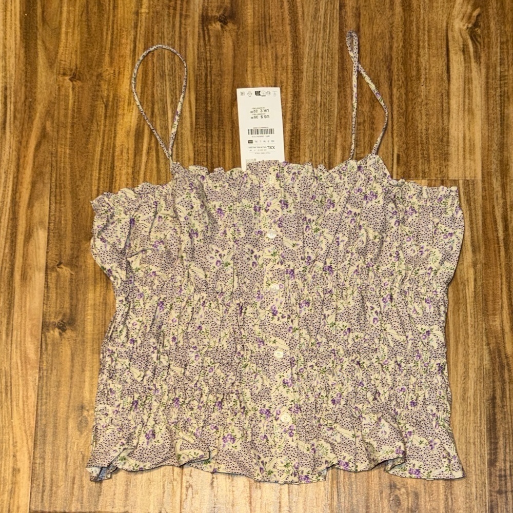 Zara womens top xxl 2x tank floral Print Peplum smock cream purple green NWT